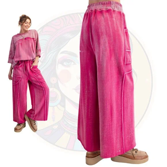 B026 EASEL Hot Pink Fuchsia Monkey Washed French Terry Pants - Picture 2 of 2